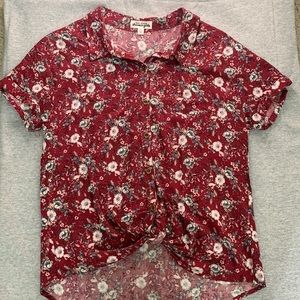 Burgundy, floral, short sleeve shirt